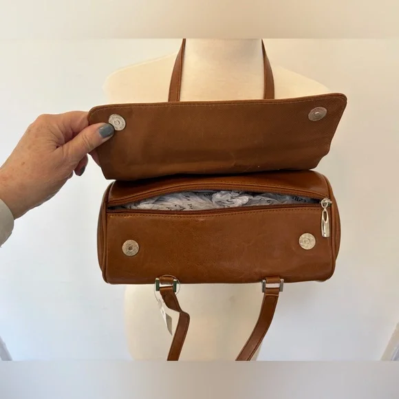 Vintage Cognac Brown Barrel Cylinder Shoulder Bag Set w Matching Wallet Y2K - Picture 5 of 9